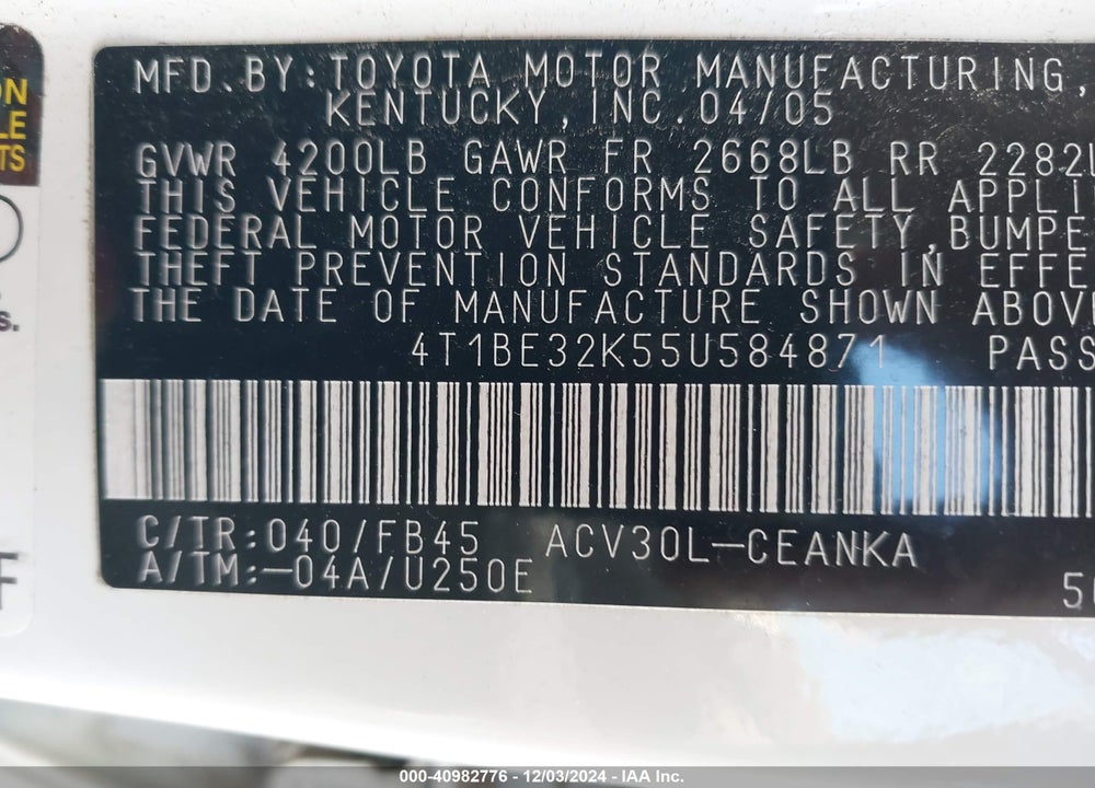 2005 TOYOTA CAMRY LE VIN: 4T1BE32K55U584871