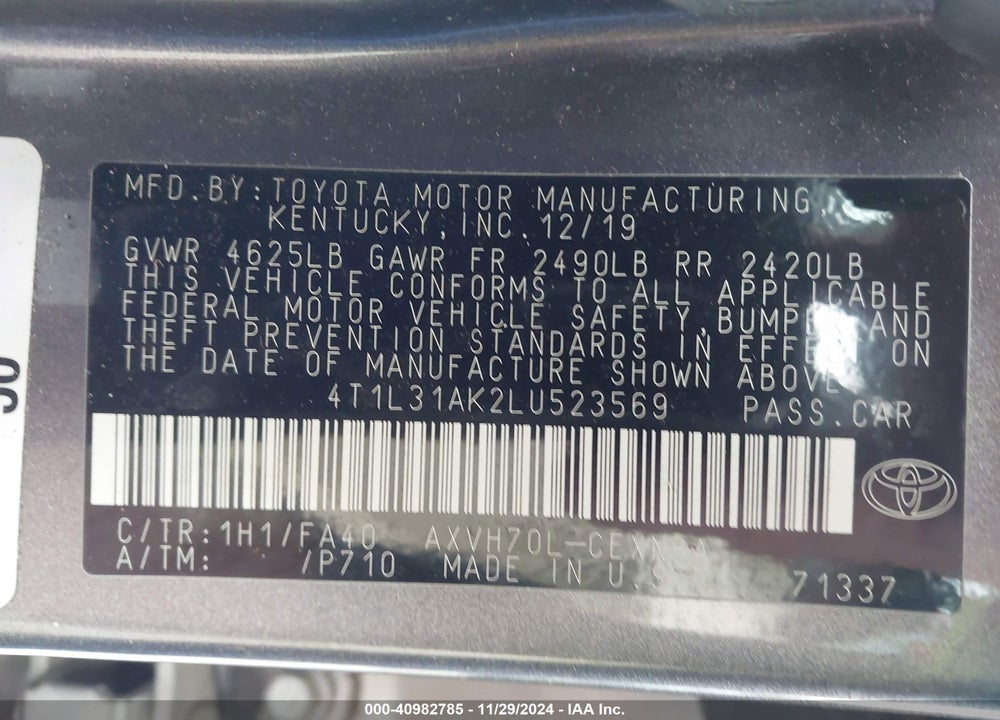 2020 TOYOTA CAMRY LE HYBRID VIN: 4T1L31AK2LU523569