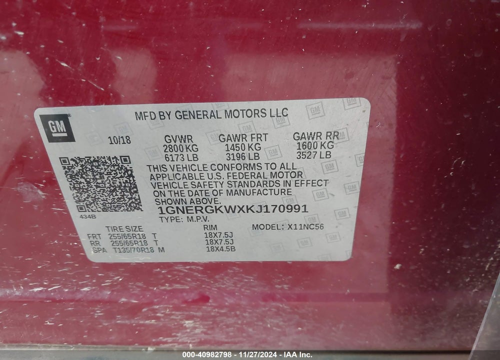 2019 CHEVROLET TRAVERSE 1LT VIN: 1GNERGKWXKJ170991