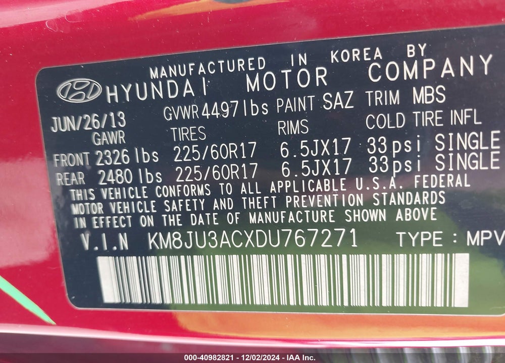 2013 HYUNDAI TUCSON VIN: KM8JU3ACXDU767271