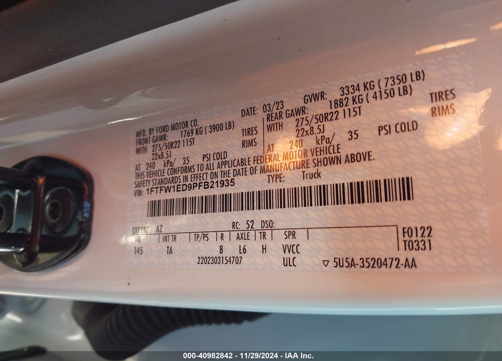 2023 FORD F150 VIN: 1FTFW1ED9PFB21935