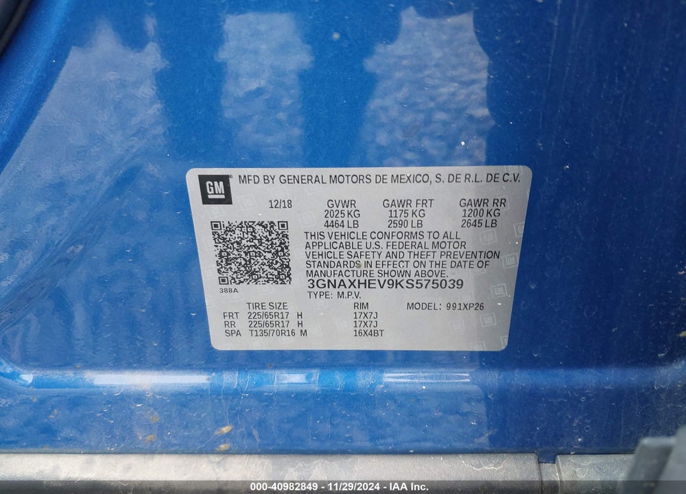2019 CHEVROLET EQUINOX LS VIN: 3GNAXHEV9KS575039