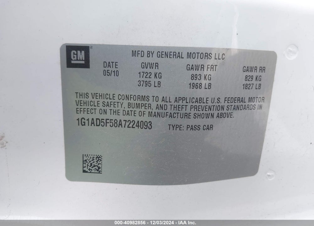 2010 CHEVROLET COBALT LT VIN: 1G1AD5F58A7224093