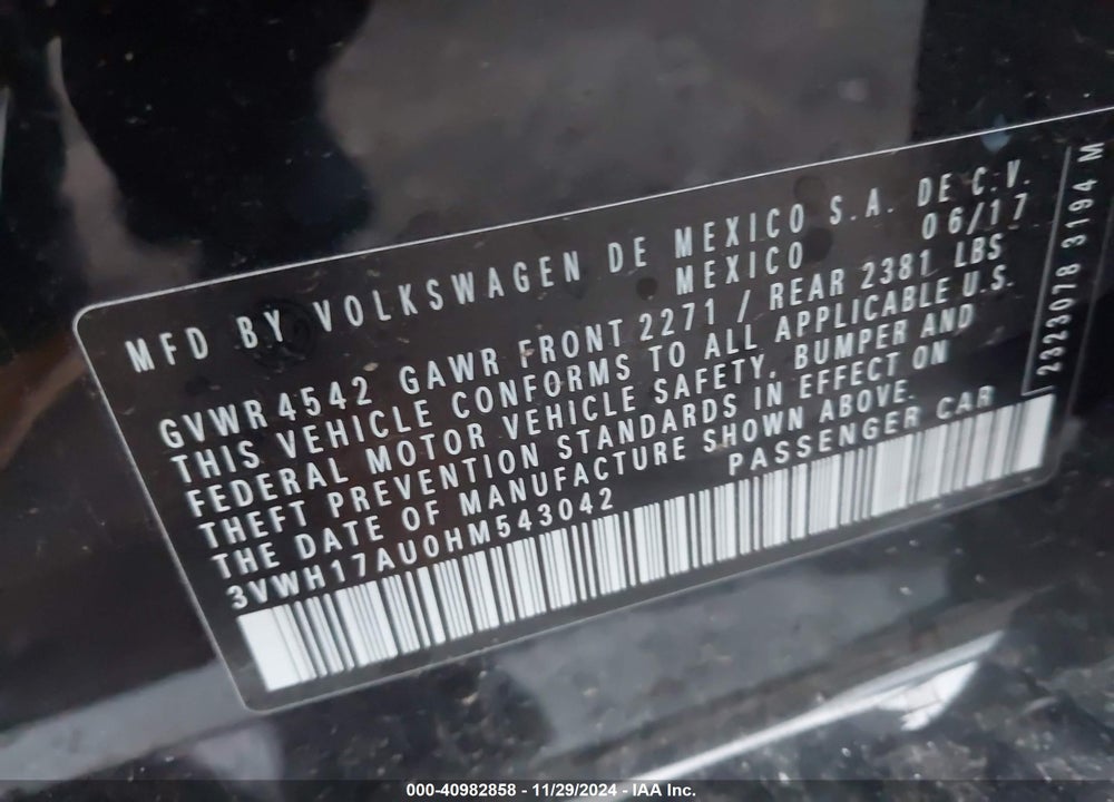 2017 VOLKSWAGEN GOLF ALLTRACK TSI S/TSI SE/TSI SEL VIN: 3VWH17AU0HM543042