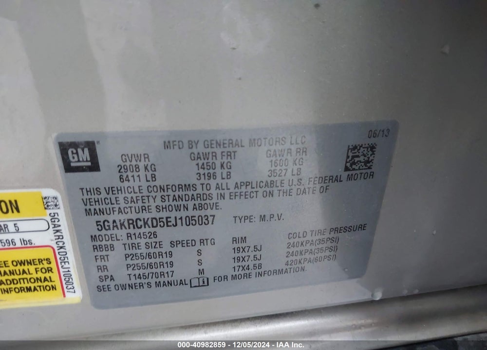 2014 BUICK ENCLAVE PREMIUM VIN: 5GAKRCKD5EJ105037