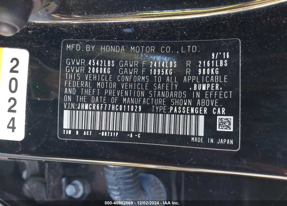 2017 HONDA ACCORD HYBRID VIN: JHMCR6F77HC011029