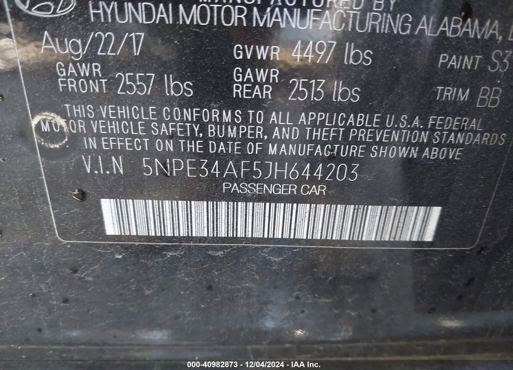 2018 HYUNDAI SONATA VIN: 5NPE34AF5JH644203