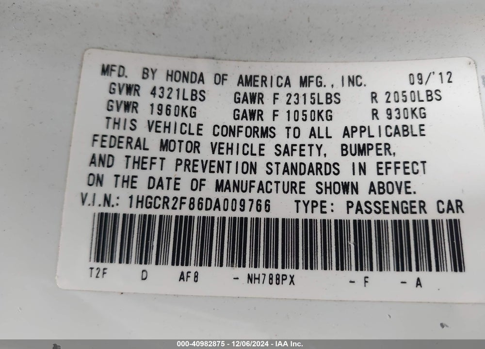 2013 HONDA ACCORD EX-L VIN: 1HGCR2F86DA009766