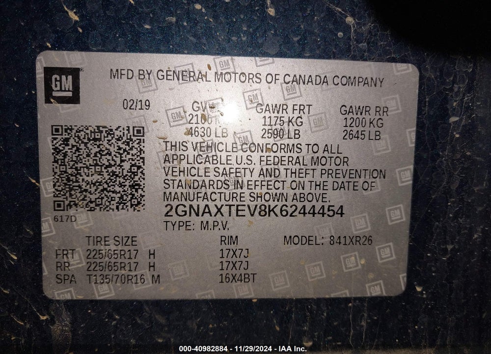 2019 CHEVROLET EQUINOX LT VIN: 2GNAXTEV8K6244454