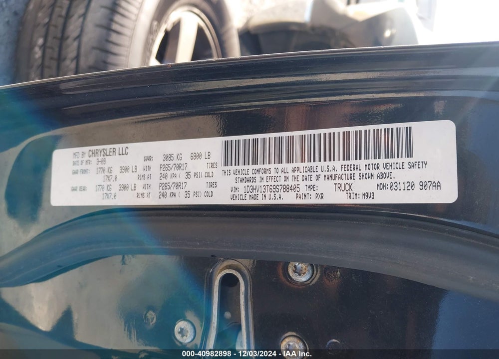 2009 DODGE RAM 1500 SLT/SPORT/TRX VIN: 1D3HV13T69S788405