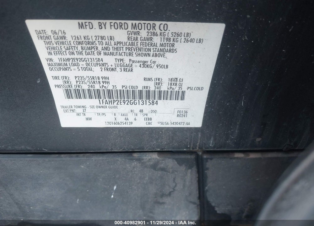 2016 FORD TAURUS SEL VIN: 1FAHP2E92GG131584
