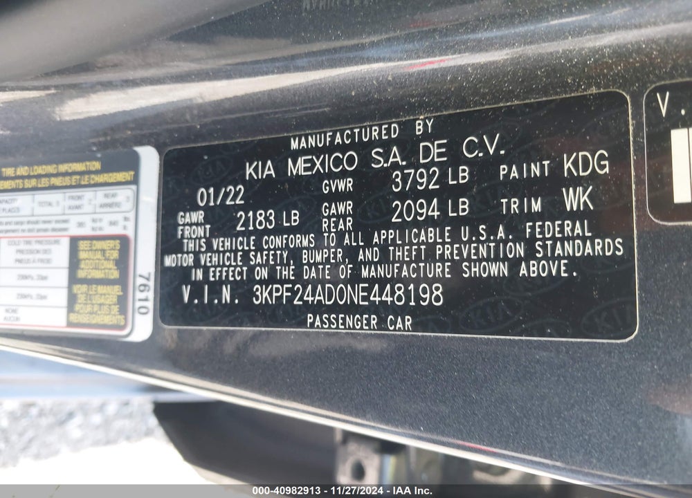 2022 KIA FORTE VIN: 3KPF24AD0NE448198
