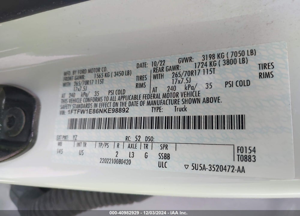2022 FORD F-150 XLT VIN: 1FTFW1E86NKE98892