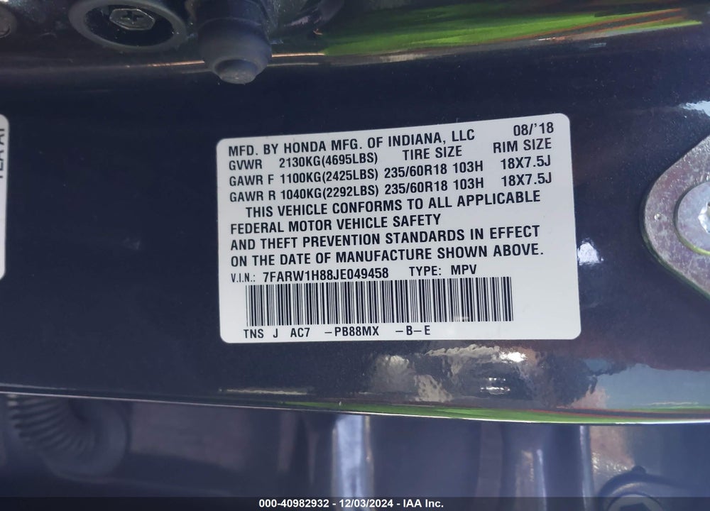 2018 HONDA CR-V VIN: 7FARW1H88JE049458