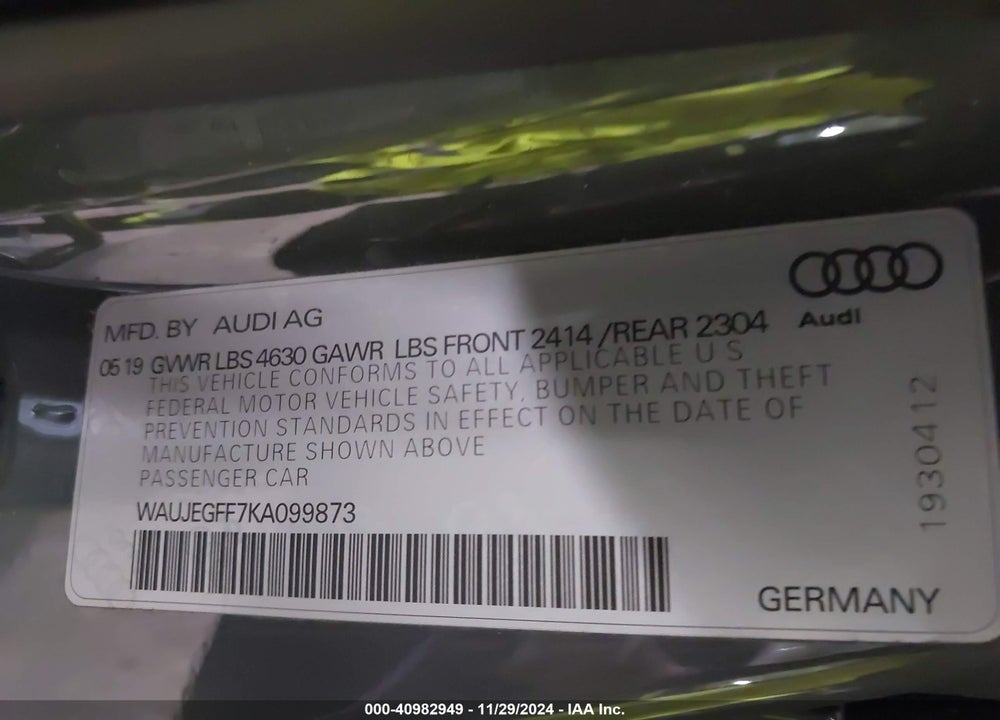2019 AUDI A3 VIN: WAUJEGFF7KA099873