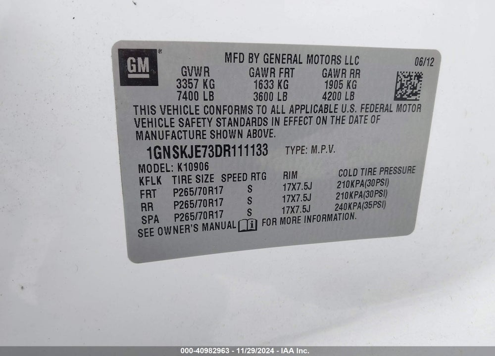 2013 CHEVROLET SUBURBAN 1500 LT VIN: 1GNSKJE73DR111133