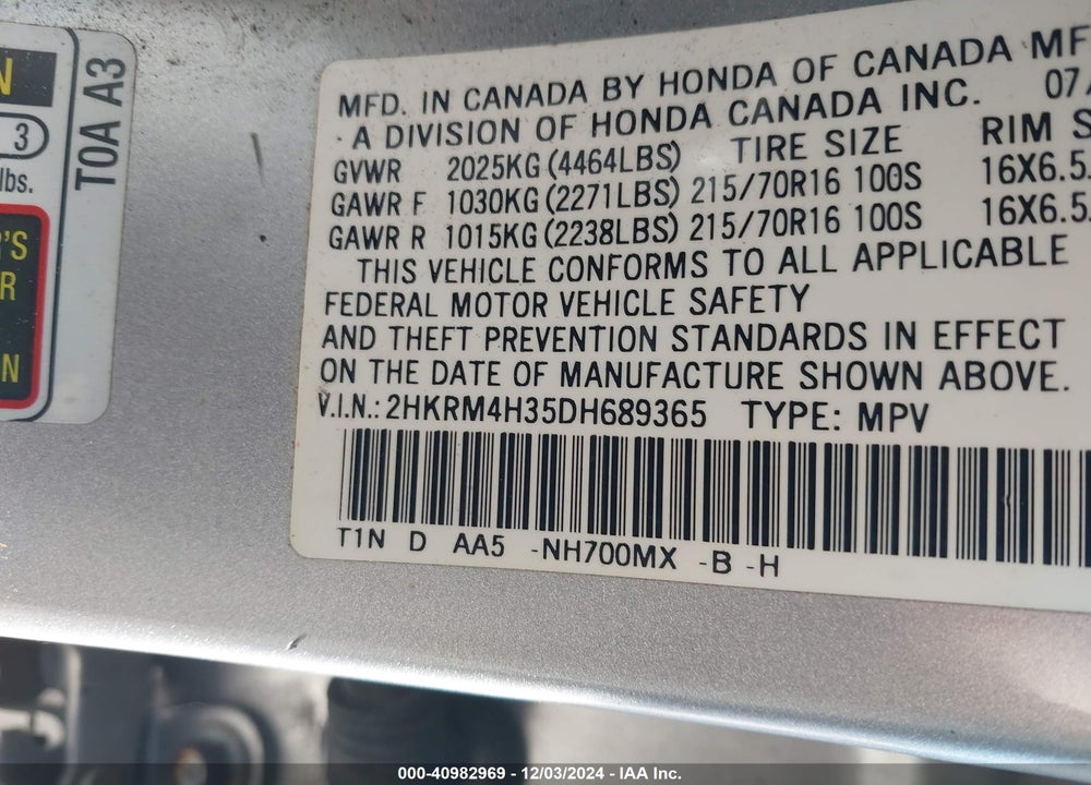2013 HONDA CR-V LX VIN: 2HKRM4H35DH689365