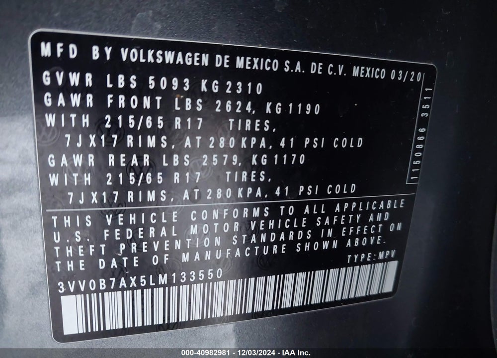 2020 VOLKSWAGEN TIGUAN 2.0T S VIN: 3VV0B7AX5LM133550