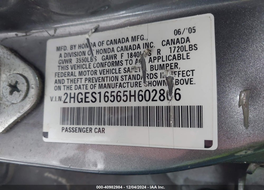 2005 HONDA CIVIC LX VIN: 2HGES16565H602866