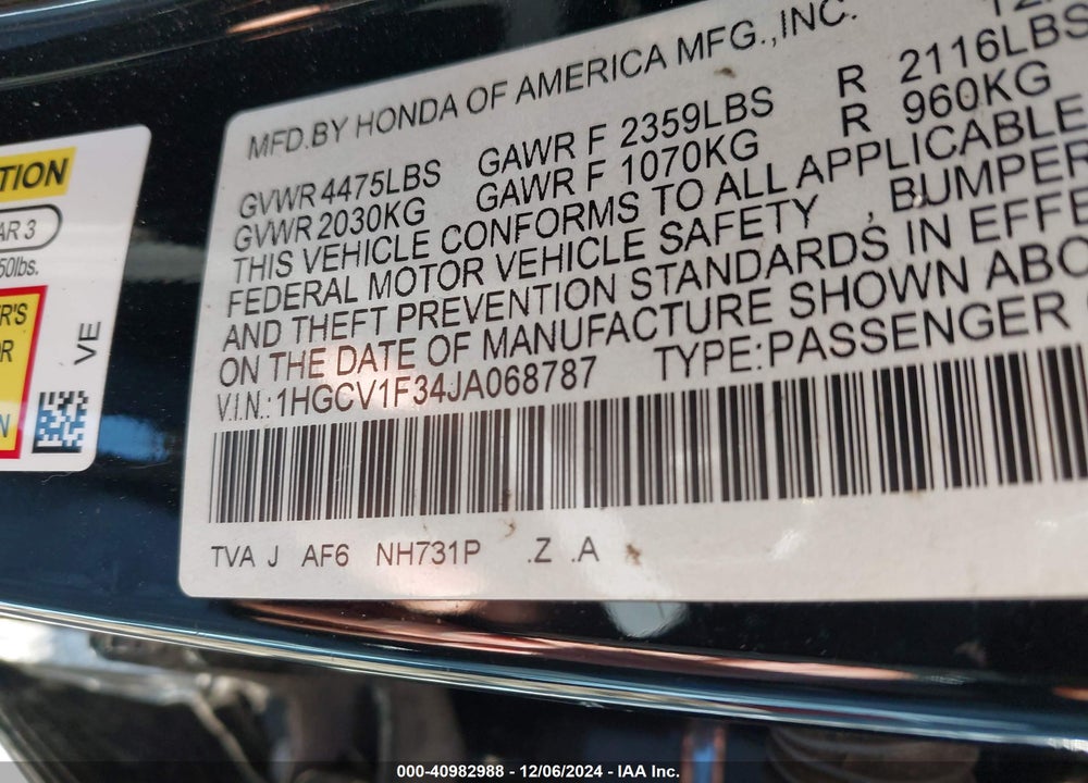 2018 HONDA ACCORD VIN: 1HGCV1F34JA068787