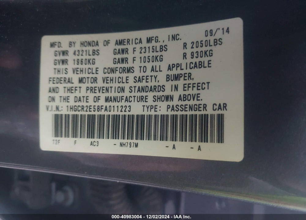 2015 HONDA ACCORD SPORT VIN: 1HGCR2E58FA011223