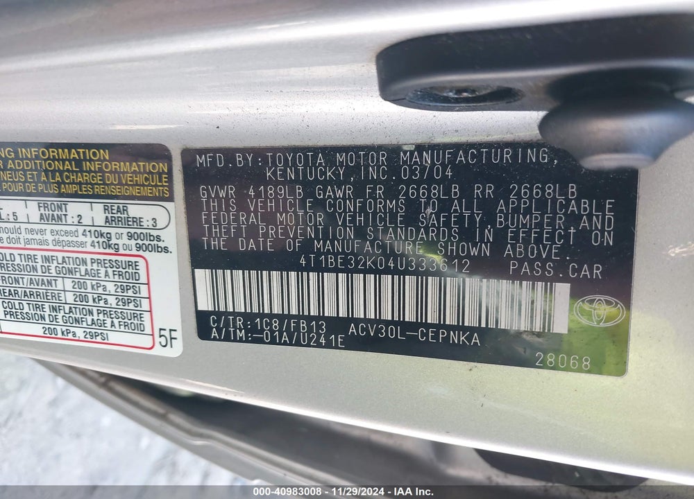 2004 TOYOTA CAMRY LE VIN: 4T1BE32K04U333612