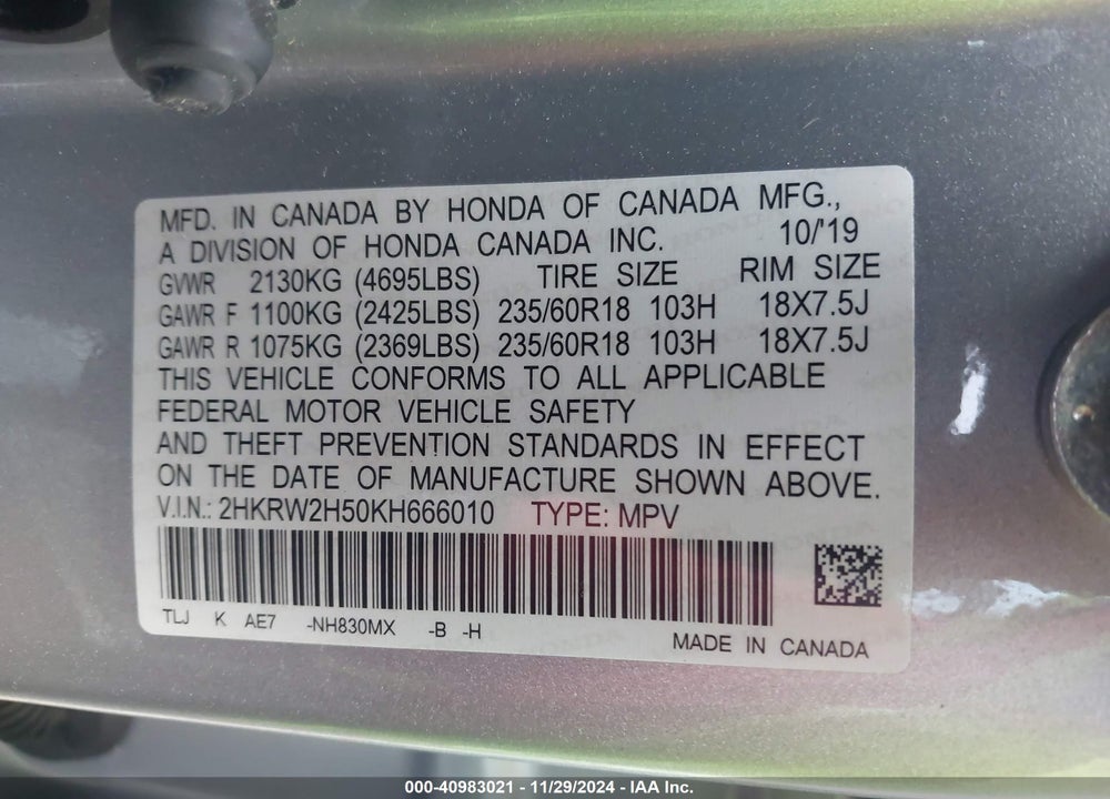 2019 HONDA CR-V EX VIN: 2HKRW2H50KH666010