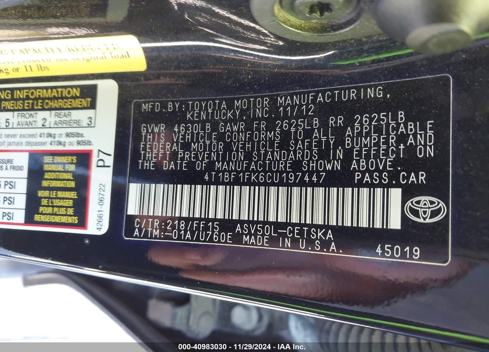 2012 TOYOTA CAMRY VIN: 4T1BF1FK6CU197447