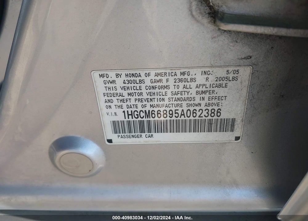 2005 HONDA ACCORD 3.0 EX VIN: 1HGCM66895A062386