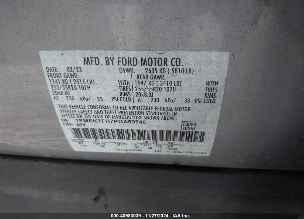 2023 FORD EXPLORER LIMITED VIN: 1FMSK7FH7PGA59746