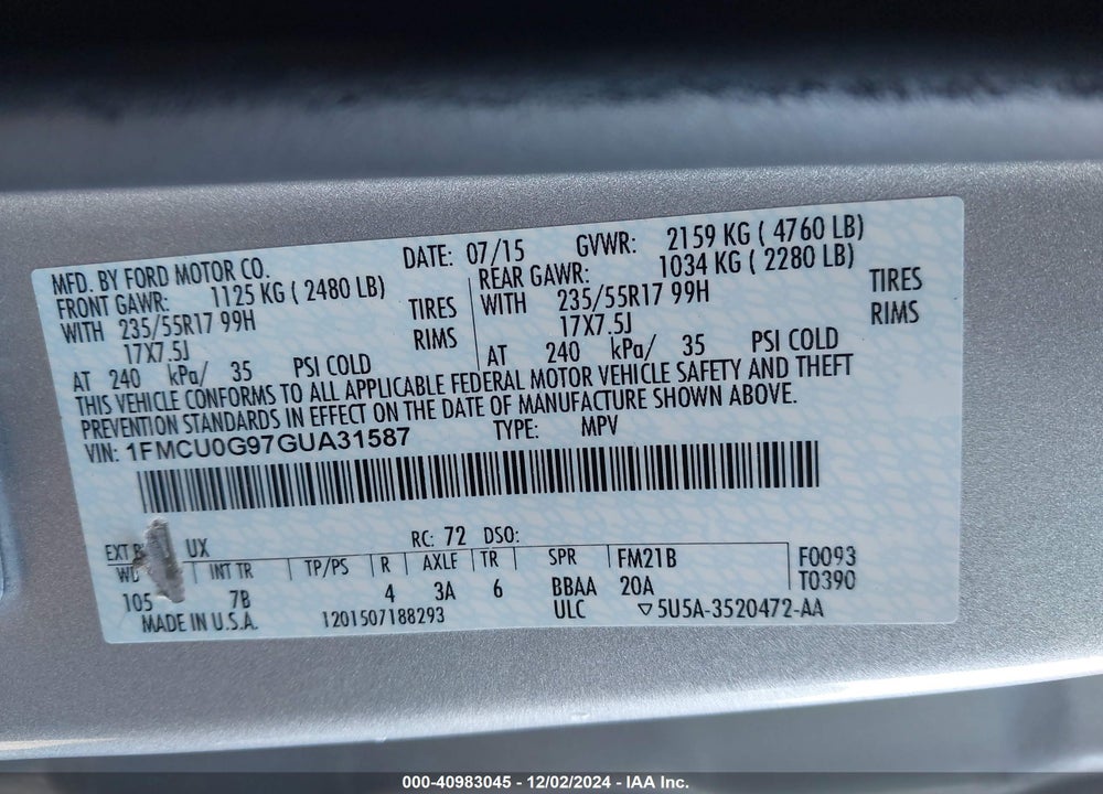 2016 FORD ESCAPE SE VIN: 1FMCU0G97GUA31587