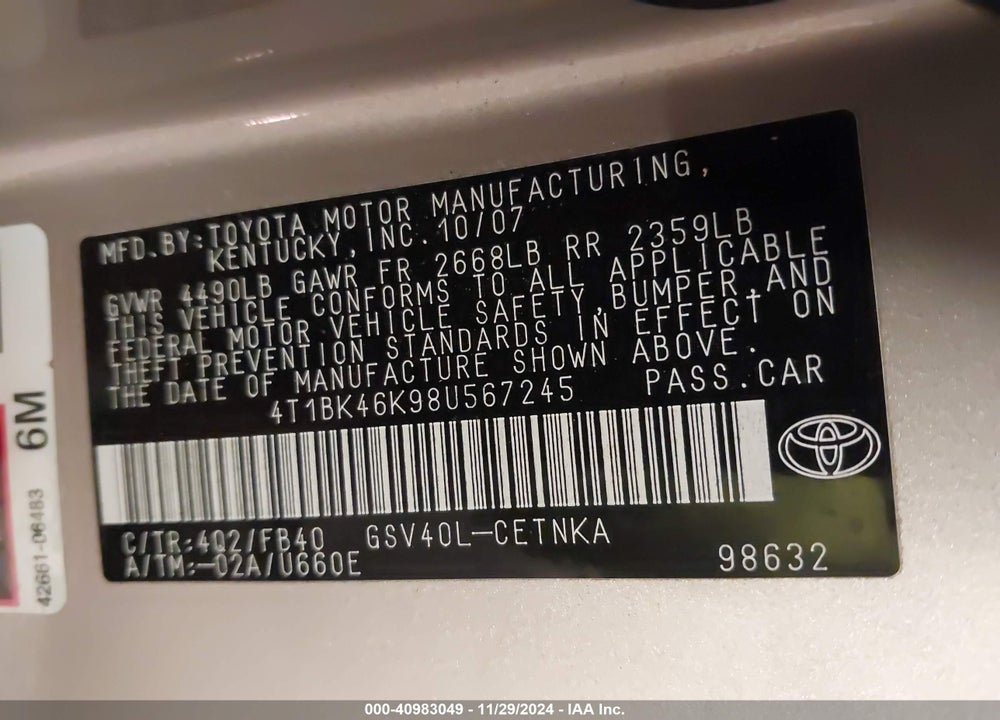 2008 TOYOTA CAMRY LE V6 VIN: 4T1BK46K98U567245