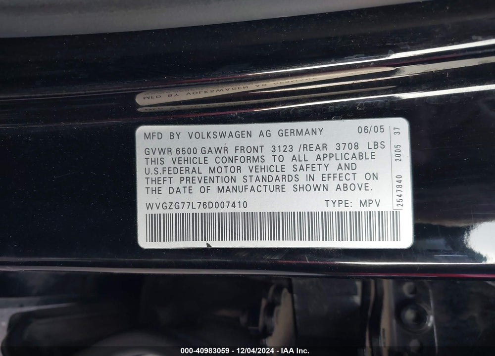 2006 VOLKSWAGEN TOUAREG VIN: WVGZG77L76D007410