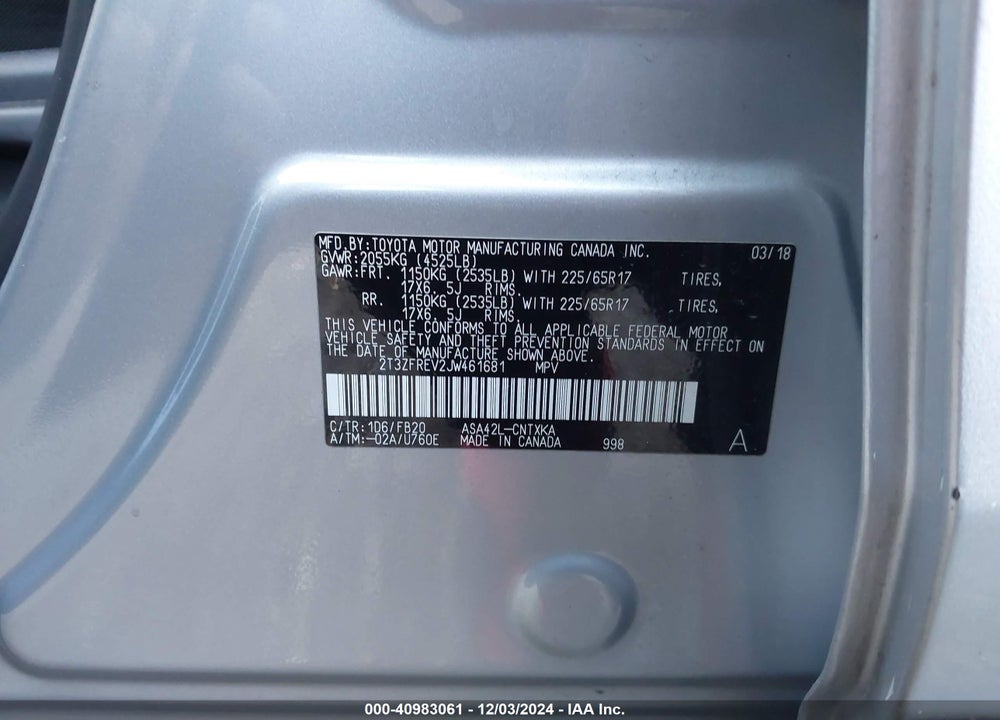 2018 TOYOTA RAV4 LE VIN: 2T3ZFREV2JW461681