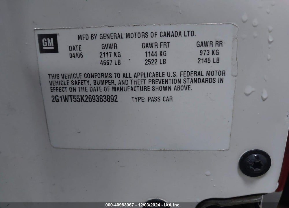 2006 CHEVROLET IMPALA LT VIN: 2G1WT55K269383892