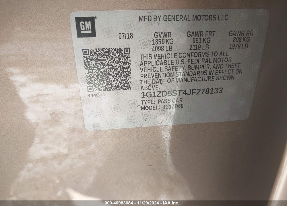 2018 CHEVROLET MALIBU VIN: 1G1ZD5ST4JF278133