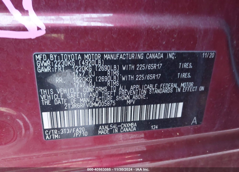 2021 TOYOTA RAV4 HYBRID XLE VIN: 2T3R6RFV0MW005875