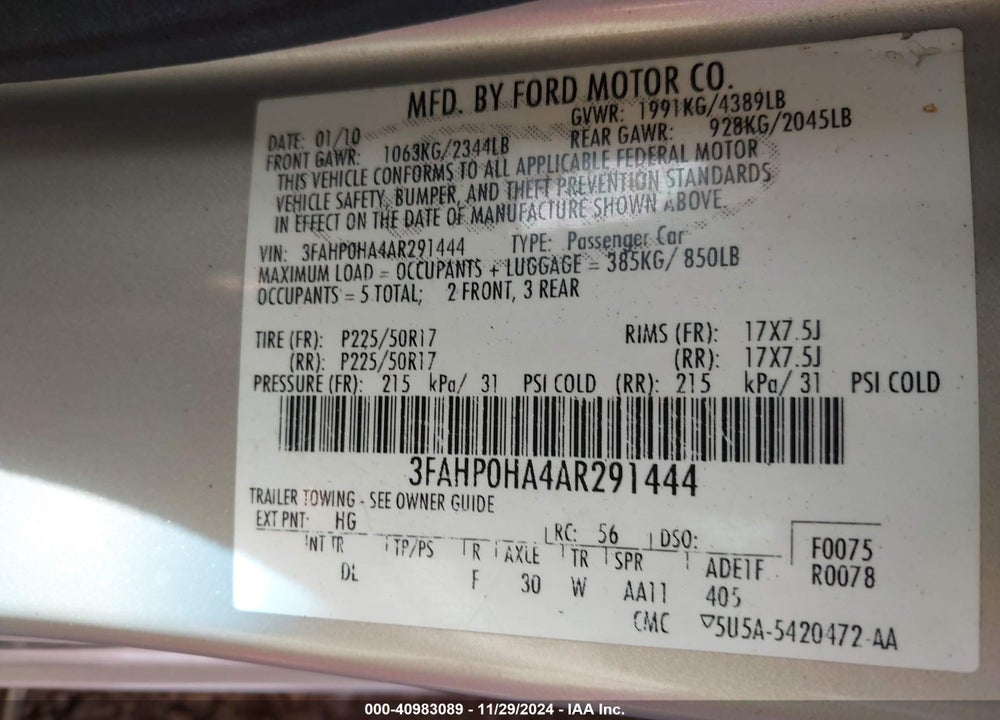2010 FORD FUSION SE VIN: 3FAHP0HA4AR291444