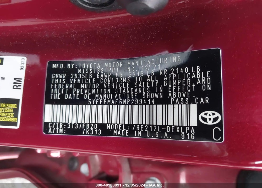 2022 TOYOTA COROLLA LE VIN: 5YFEPMAE6NP299414