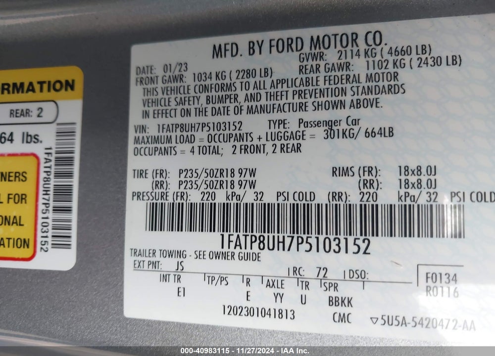 2023 FORD MUSTANG ECOBOOST PREMIUM VIN: 1FATP8UH7P5103152