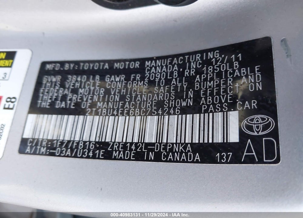 2011 TOYOTA COROLLA LE VIN: 2T1BU4EE6BC754246