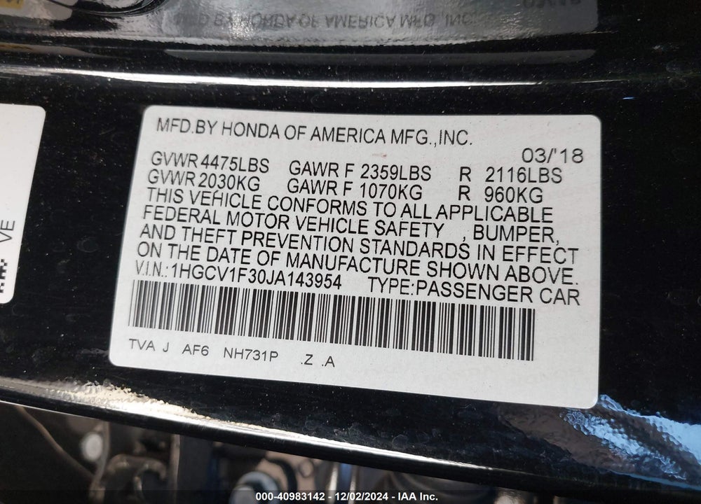 2018 HONDA ACCORD SPORT VIN: 1HGCV1F30JA143954