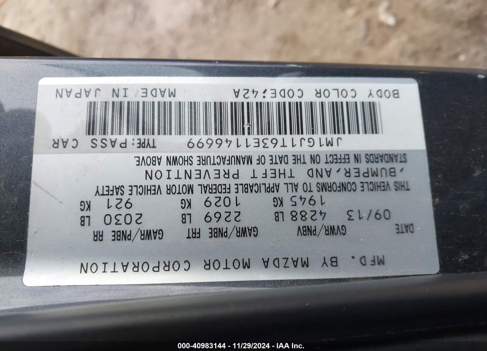 2014 MAZDA 6 I TOURING VIN: JM1GJ1T63E1146699