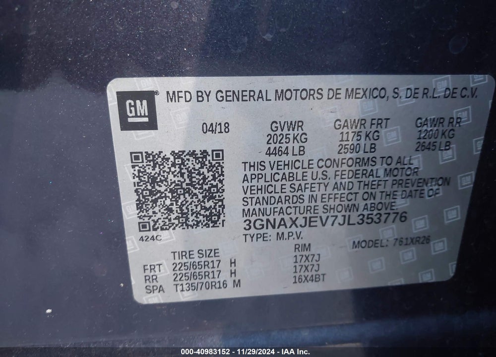 2018 CHEVROLET EQUINOX LT VIN: 3GNAXJEV7JL353776