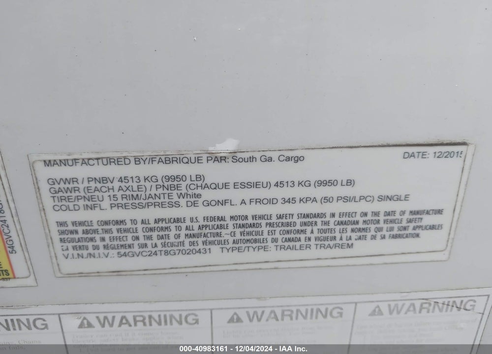2016 TRAI CARGO VIN: 54GVC24T8G7020431