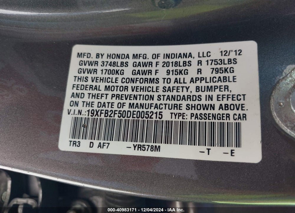 2013 HONDA CIVIC LX VIN: 19XFB2F50DE005215