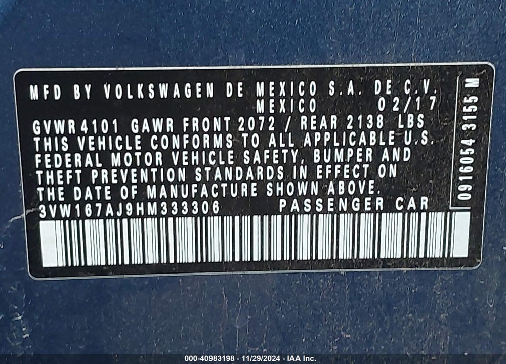 2017 VOLKSWAGEN JETTA 1.4T S VIN: 3VW167AJ9HM333306