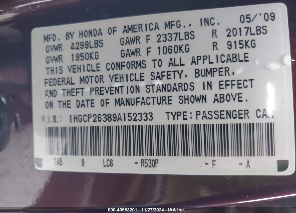 2009 HONDA ACCORD 2.4 LX VIN: 1HGCP26389A152333