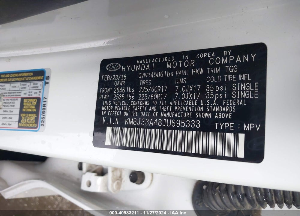2018 HYUNDAI TUCSON SEL VIN: KM8J33A48JU695333