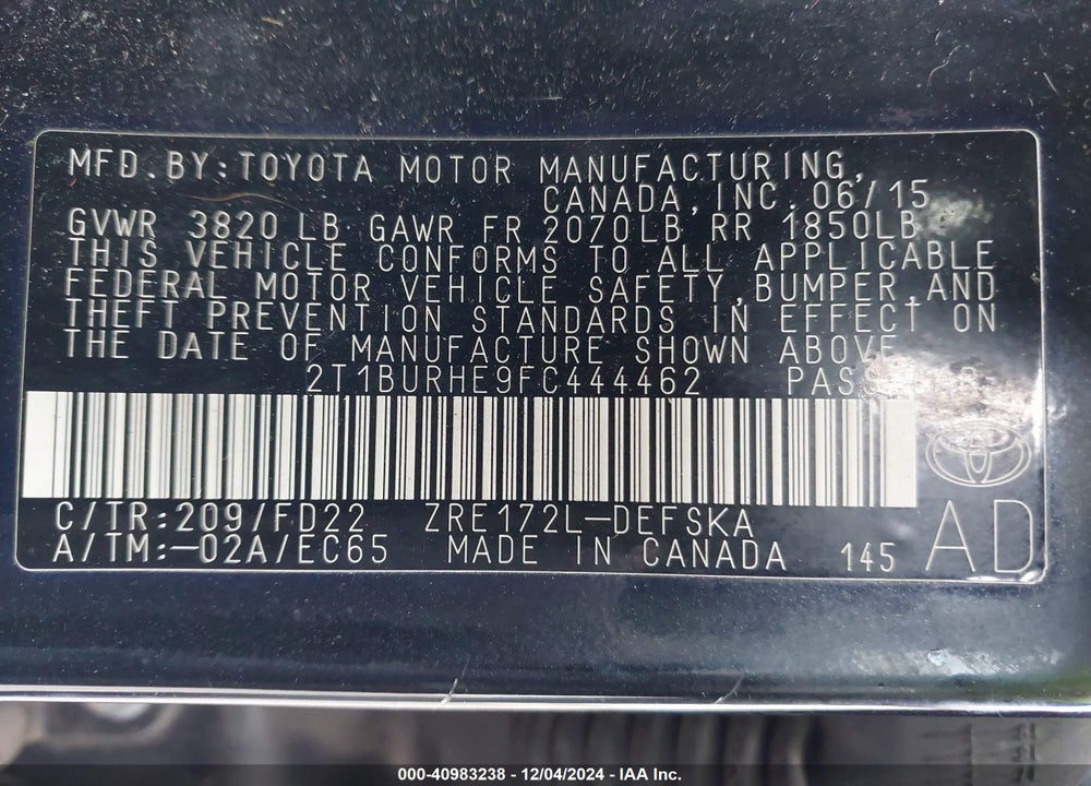 2015 TOYOTA COROLLA S PLUS VIN: 2T1BURHE9FC444462